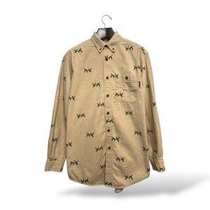 Woolrich Tan Button-Up Shirt with Green Pattern, Large